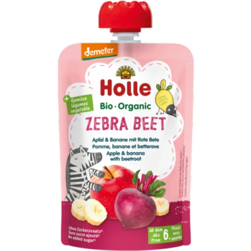Holle – Zebra Beet Pure frutash me mollë, banane dhe rrepë (6m+)