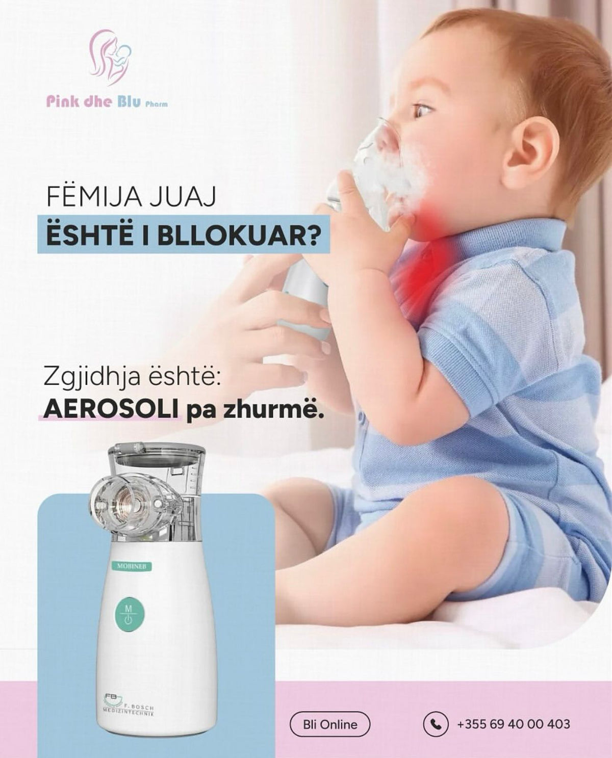 F. Bosch Mobineb-Mesh Nebulizor ( Aerosol portativ me bateri te rikarikueshme) Oferte promocionale me shiringa nazale dhe Na Cl DHURATE