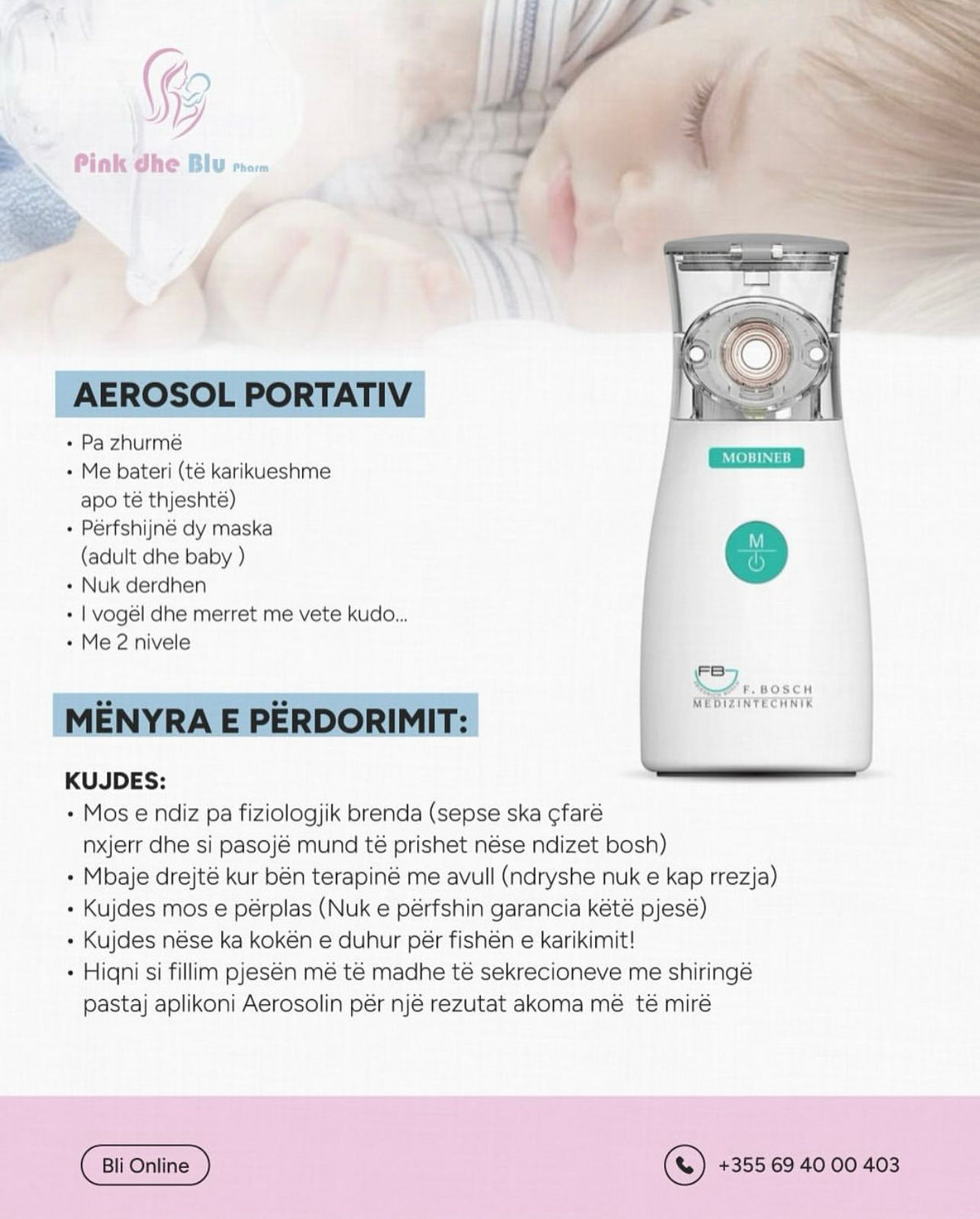 F. Bosch Mobineb-Mesh Nebulizor ( Aerosol portativ me bateri te rikarikueshme) Oferte promocionale me shiringa nazale dhe Na Cl DHURATE
